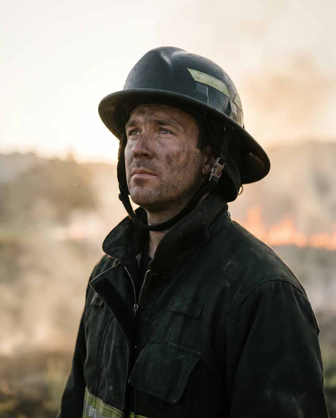 A firefighter with soot on his face looking up